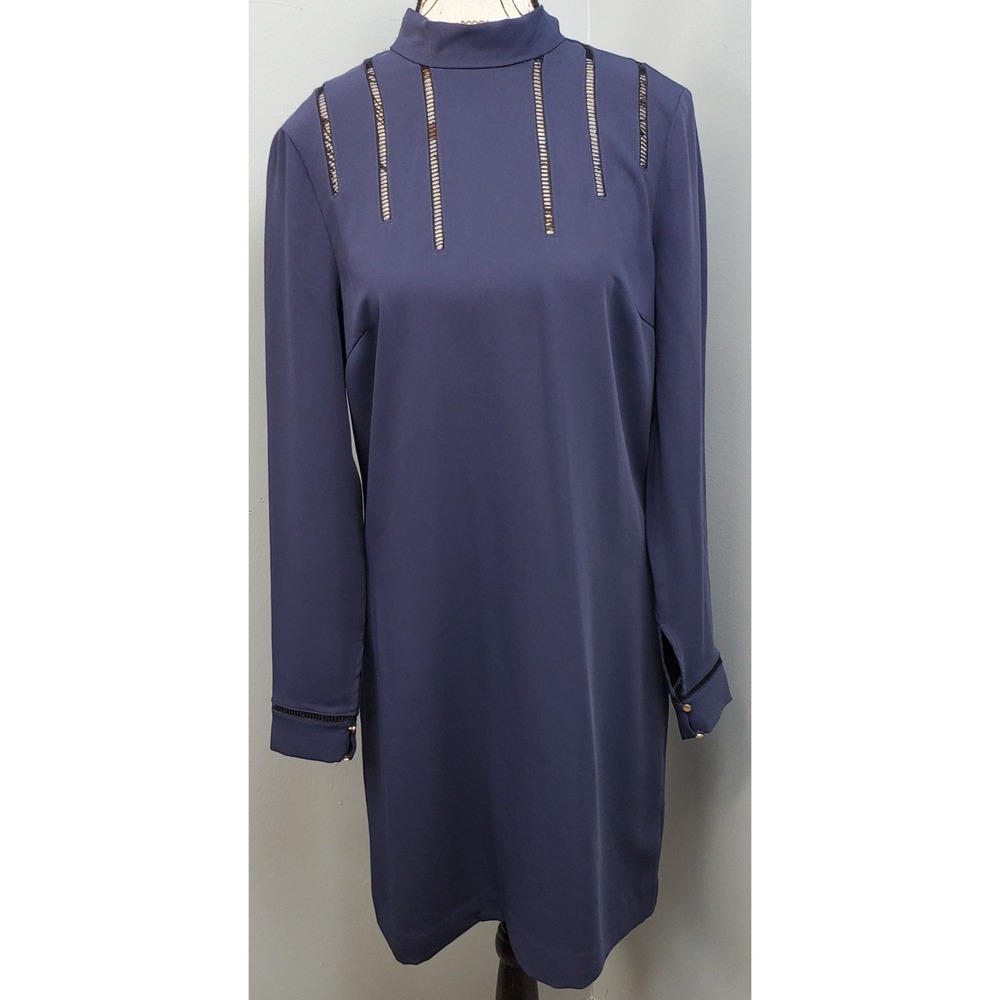 Reiss Christina Shift Dress Womens 6 Navy Faggoting Detail Long Sleeve Tie Back